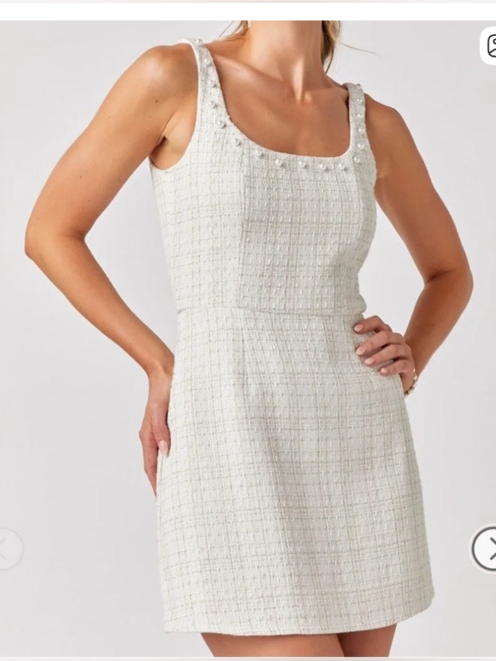 Francesca's Collections White Tweed Pearl-Embellished Mini Dress
